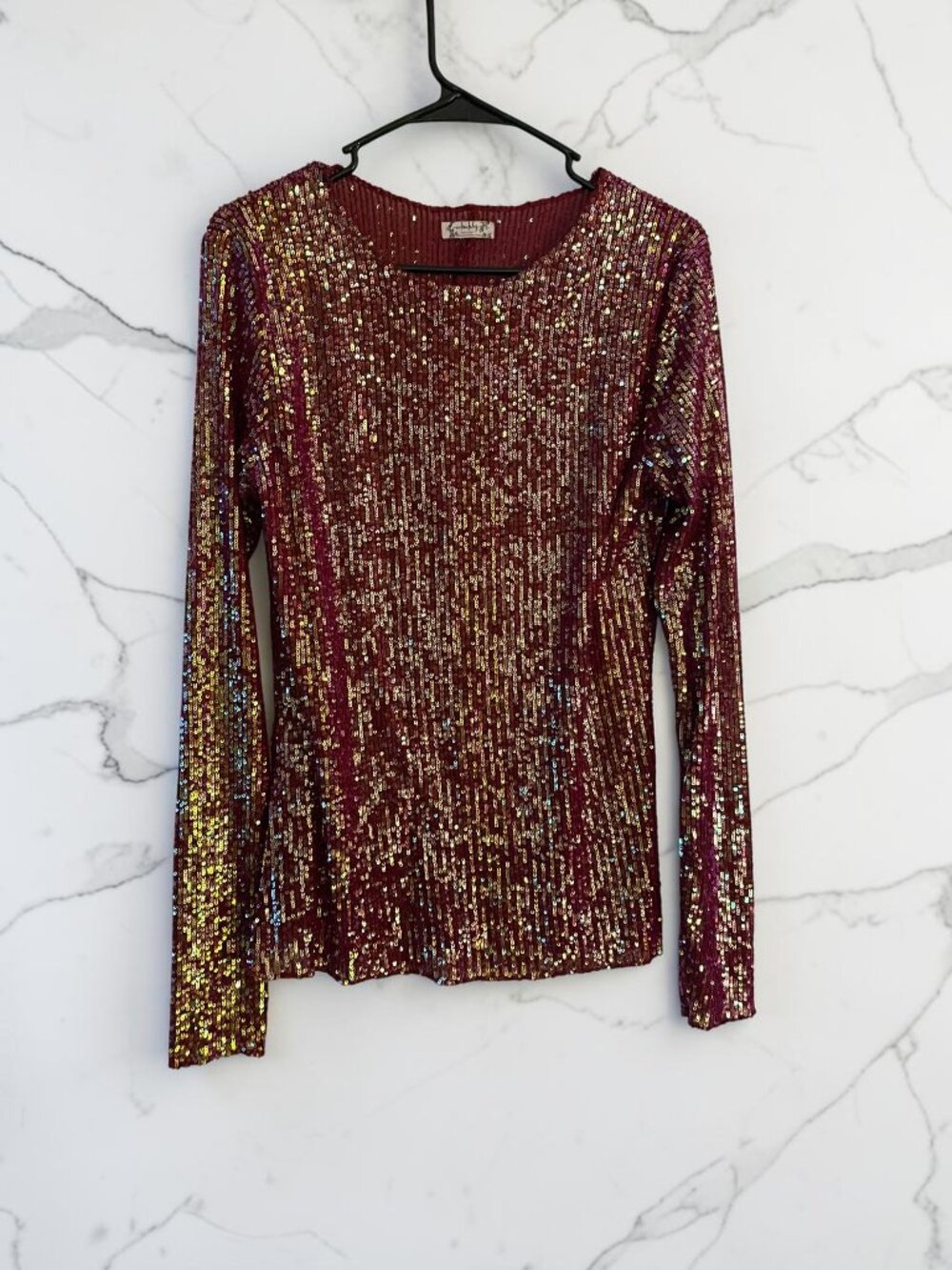 Free People Intimately Gold Rush Sequin Long Sleeve Top Burgundy L - Picture 2 of 7